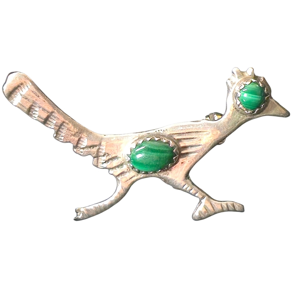Lambert Livingston signed Vintage Navajo Sterling Malachite stones Bird Brooch